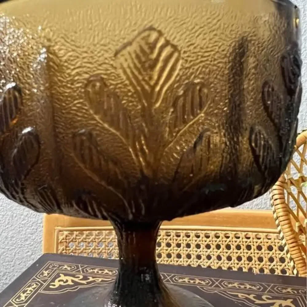Indiana Glass Oak Leaf Brown Design, Footed Bowl Circa 1978